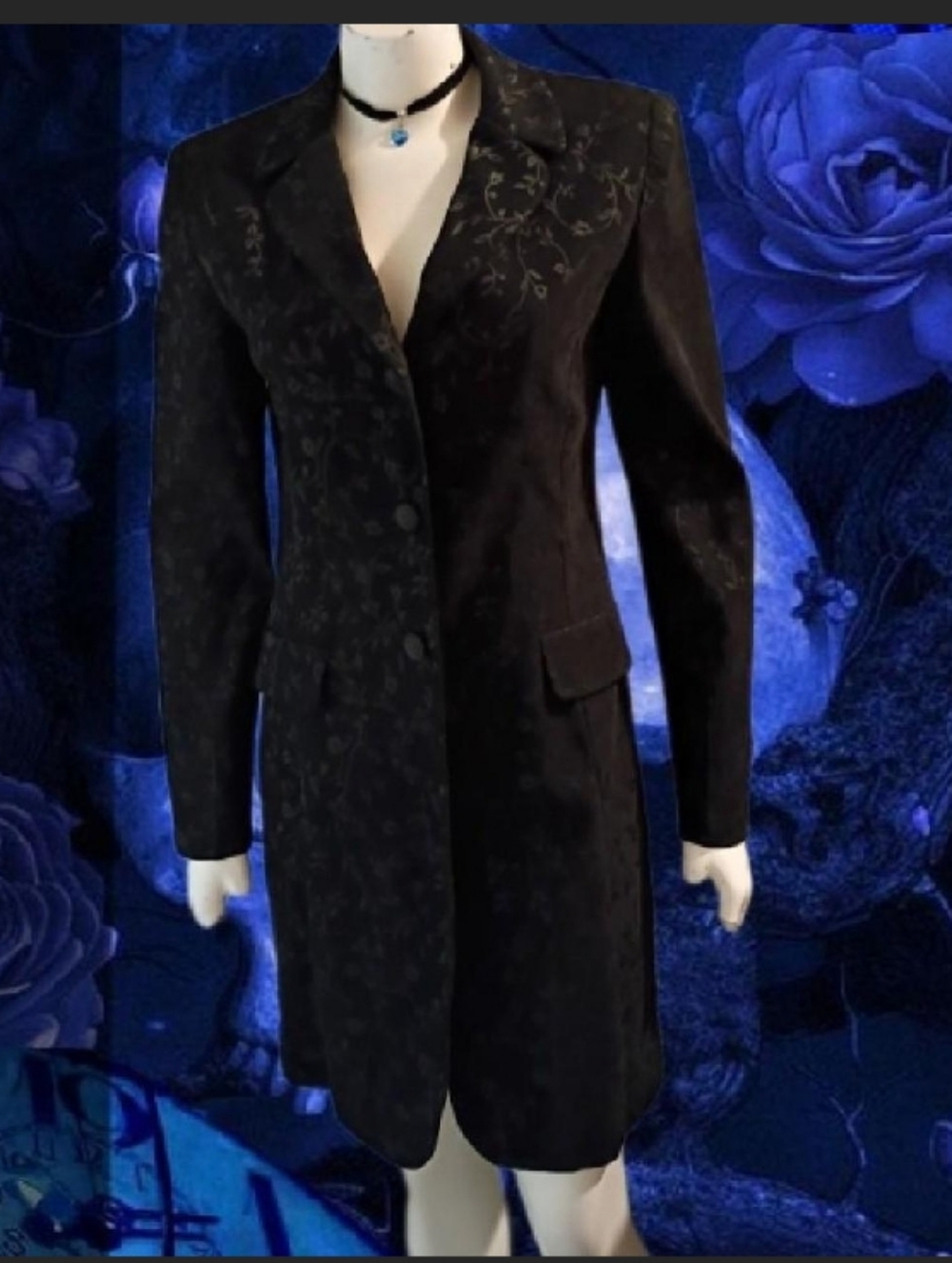 Vtg 90s Jessica Howard Sz 6 Goth style black floral button up trench jacket
